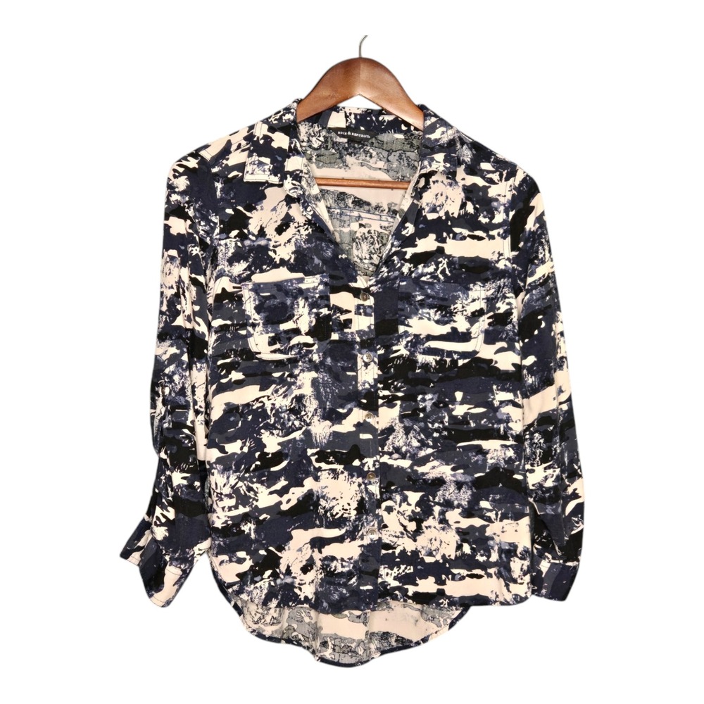 Rock & Republic Shirt Womens Medium Blue Black Camo Button Up Roll Tab Sleeve